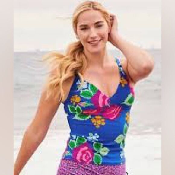 NWT New Matilda Jane To The Beach Bright Floral Tankini Swim Top M Blue Pink - Picture 2 of 9